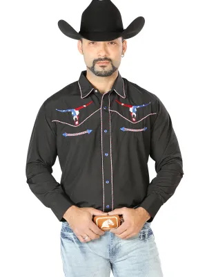 Camisa Vaquera Bordada Manga Larga Negro para Hombre 'El Señor de los Cielos' - ID: 126671