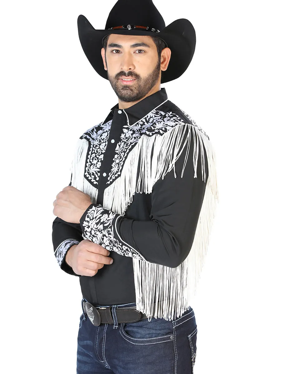 Camisa Vaquera Bordada Manga Larga Negro para Hombre 'El Señor de los Cielos' - ID: 126707