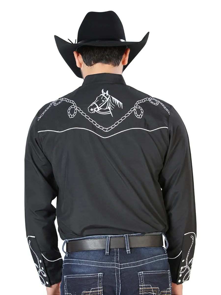 Camisa Vaquera Bordada Manga Larga Negro para Hombre 'El Señor de los Cielos' - ID: 126714