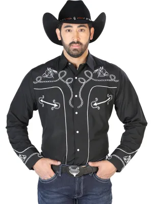Camisa Vaquera Bordada Manga Larga Negro para Hombre 'El Señor de los Cielos' - ID: 126714