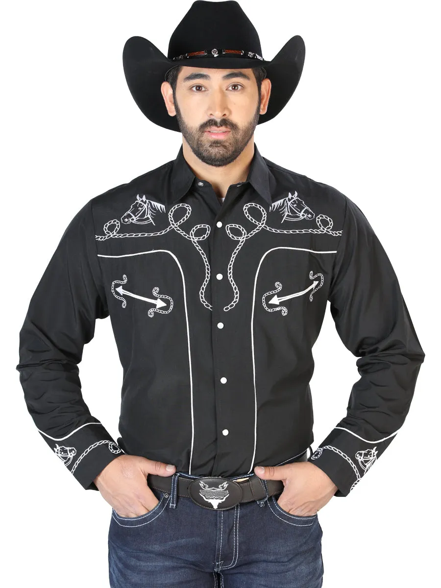 Camisa Vaquera Bordada Manga Larga Negro para Hombre 'El Señor de los Cielos' - ID: 126714