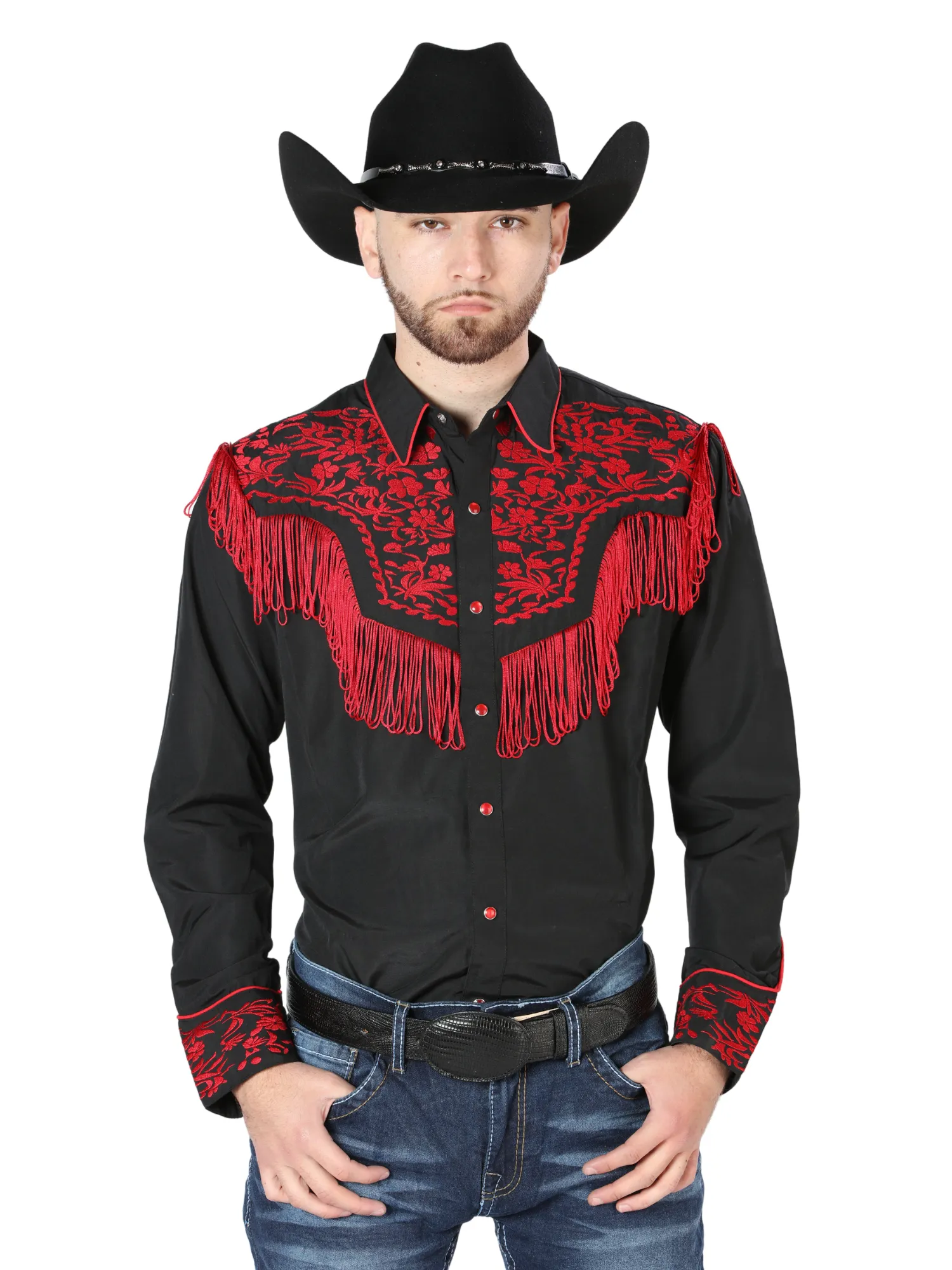 Camisa Vaquera Bordada Manga Larga Negro para Hombre 'El Señor de los Cielos' - ID: 126726