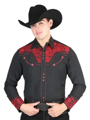 Camisa Vaquera Bordada Manga Larga Negro/Rojo para Hombre 'El General' - ID: 44335