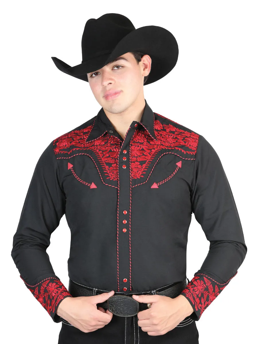 Camisa Vaquera Bordada Manga Larga Negro/Rojo para Hombre 'El General' - ID: 44335