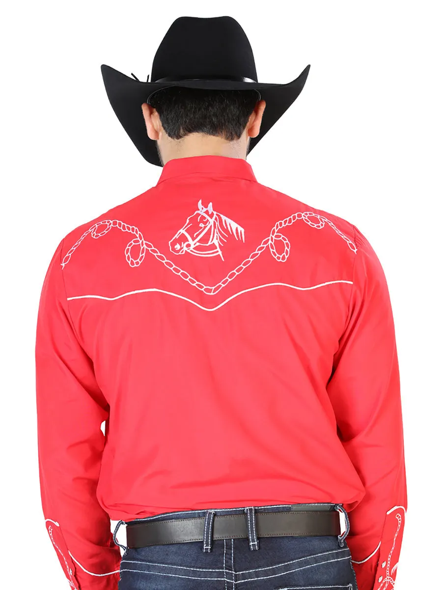 Camisa Vaquera Bordada Manga Larga Rojo para Hombre 'El Señor de los Cielos' - ID: 126716