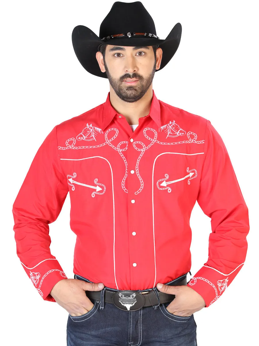 Camisa Vaquera Bordada Manga Larga Rojo para Hombre 'El Señor de los Cielos' - ID: 126716