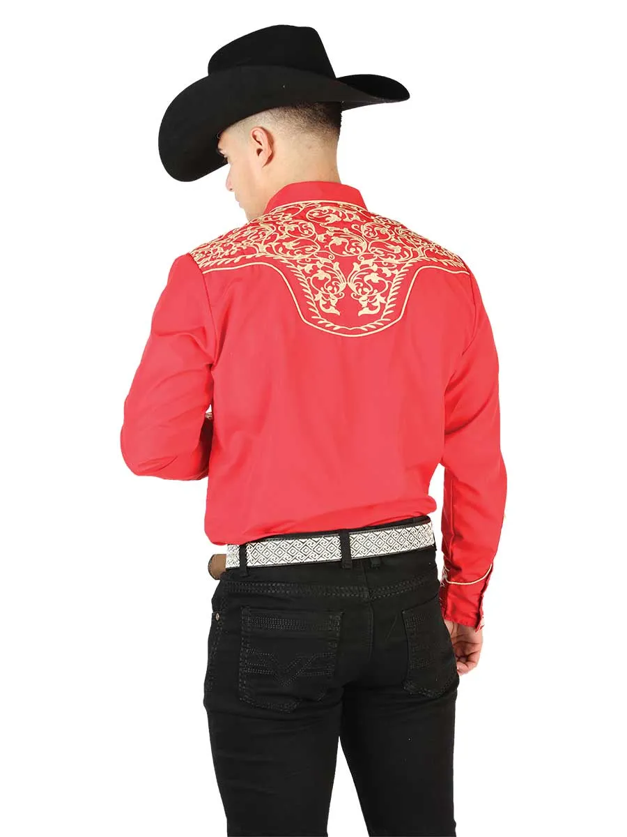 Camisa Vaquera Bordada Manga Larga Rojo para Hombre 'El Señor de los Cielos' - ID: 44197