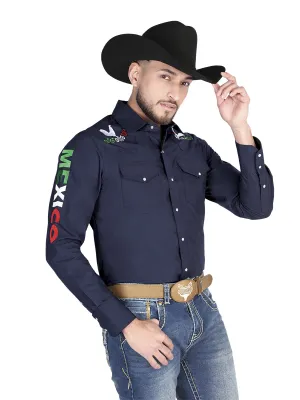 Camisa Vaquera Bordada México Manga Larga Azul Marino para Hombre 'El General' - ID: 44278