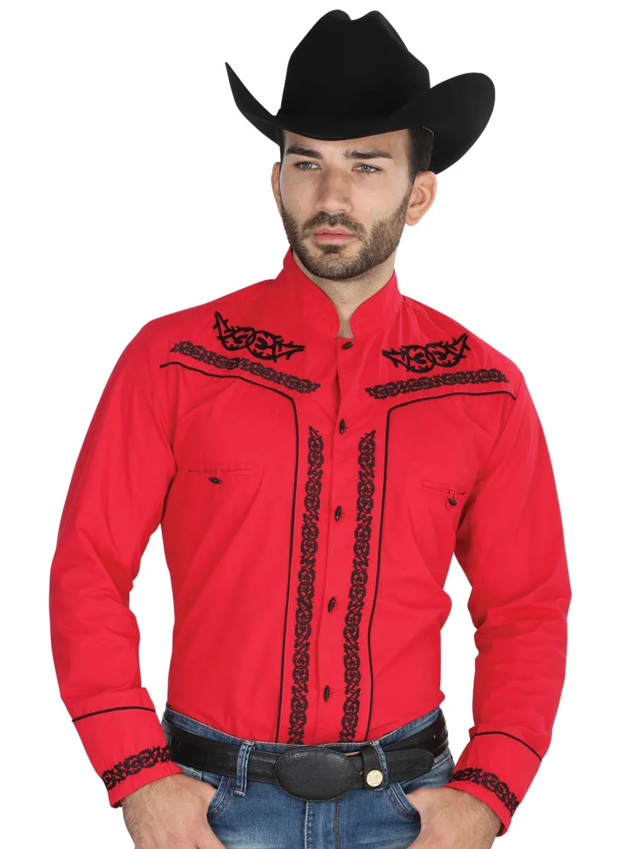 Camisa Vaquera Charra Bordada Manga Larga Rojo para Hombre 'El Señor de los Cielos' - ID: 40786