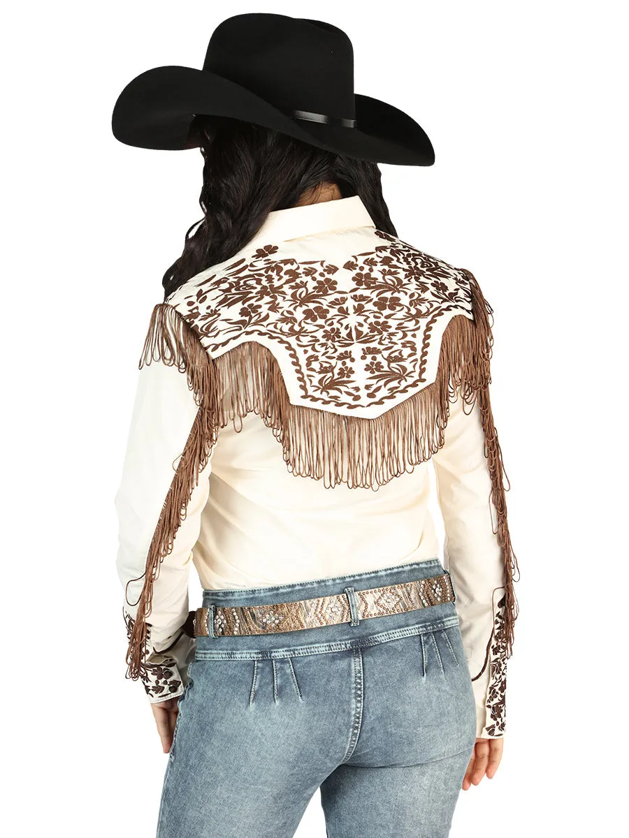 Camisa Vaquera Manga Larga Bordada Beige para Mujer 'El Señor de los Cielos' - ID: 44180