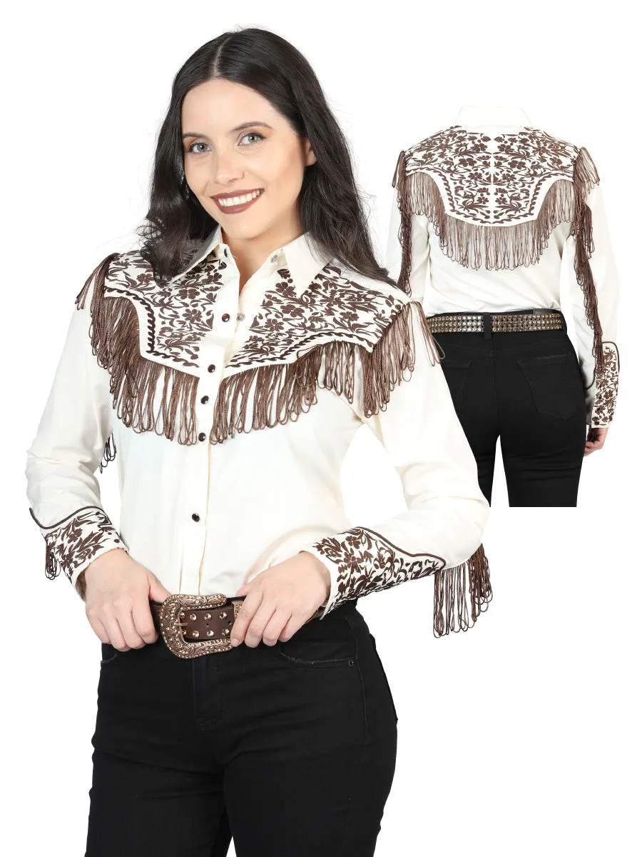 Camisa Vaquera Manga Larga Bordada Beige para Mujer 'El Señor de los Cielos' - ID: 44180