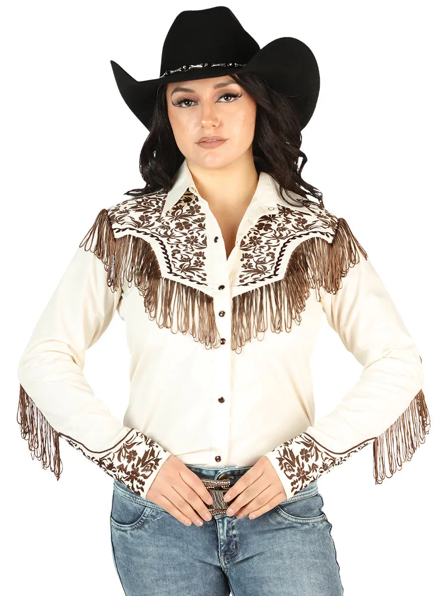 Camisa Vaquera Manga Larga Bordada Beige para Mujer 'El Señor de los Cielos' - ID: 44180
