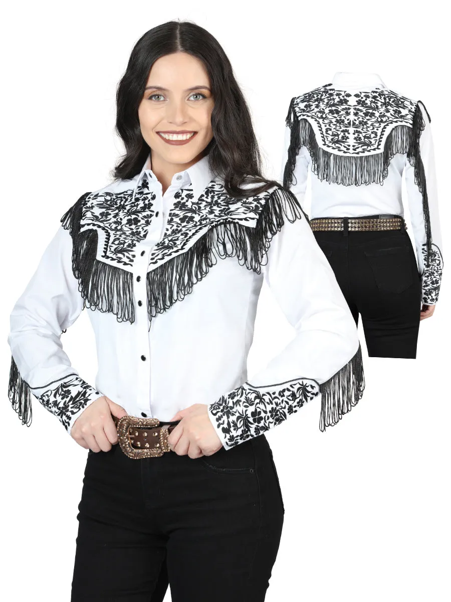 Camisa Vaquera Manga Larga Bordada Blanco para Mujer 'El Señor de los Cielos' - ID: 44179