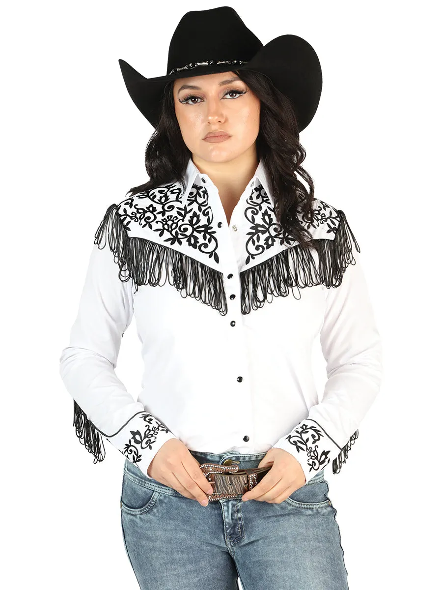 Camisa Vaquera Manga Larga Bordada Blanco/Negro para Mujer 'El Señor de los Cielos' - ID: 44182