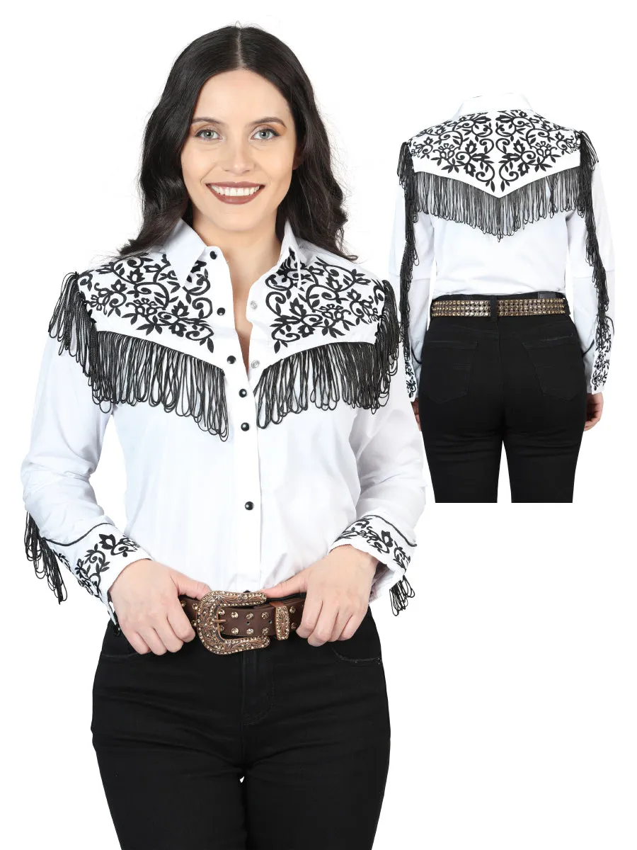 Camisa Vaquera Manga Larga Bordada Blanco/Negro para Mujer 'El Señor de los Cielos' - ID: 44182