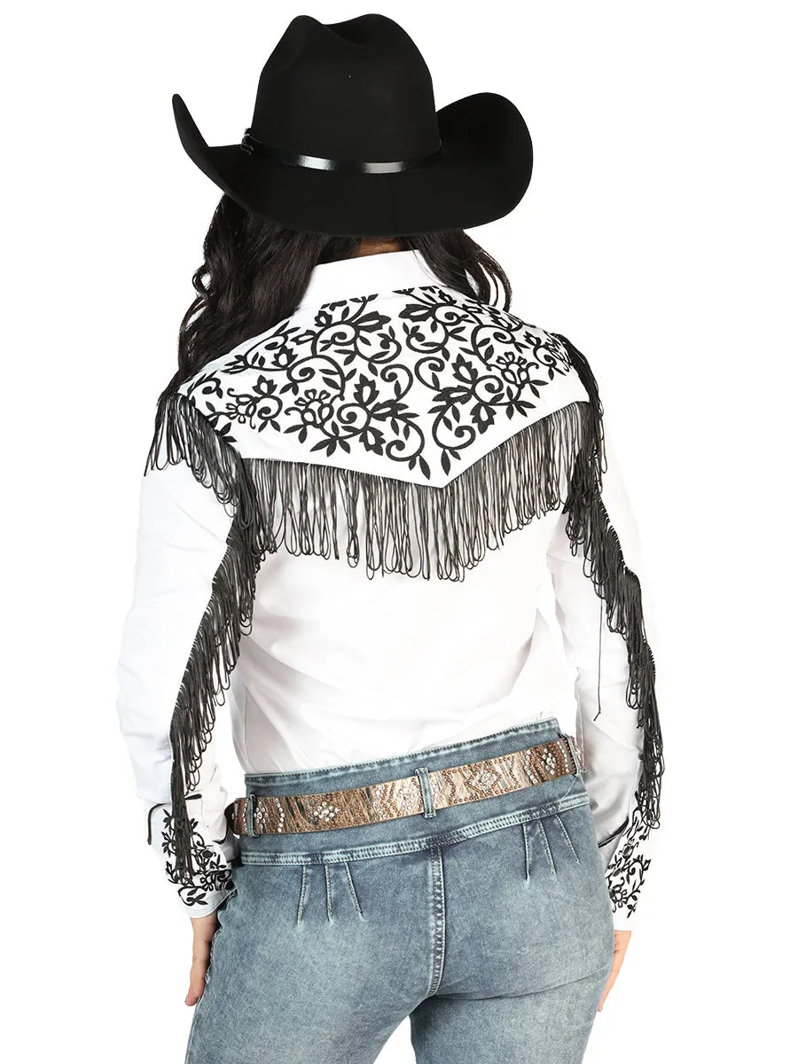 Camisa Vaquera Manga Larga Bordada Blanco/Negro para Mujer 'El Señor de los Cielos' - ID: 44182
