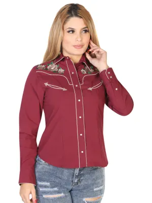 Camisa Vaquera Manga Larga Bordada Floral Vino para Mujer 'El General' - ID: 42965