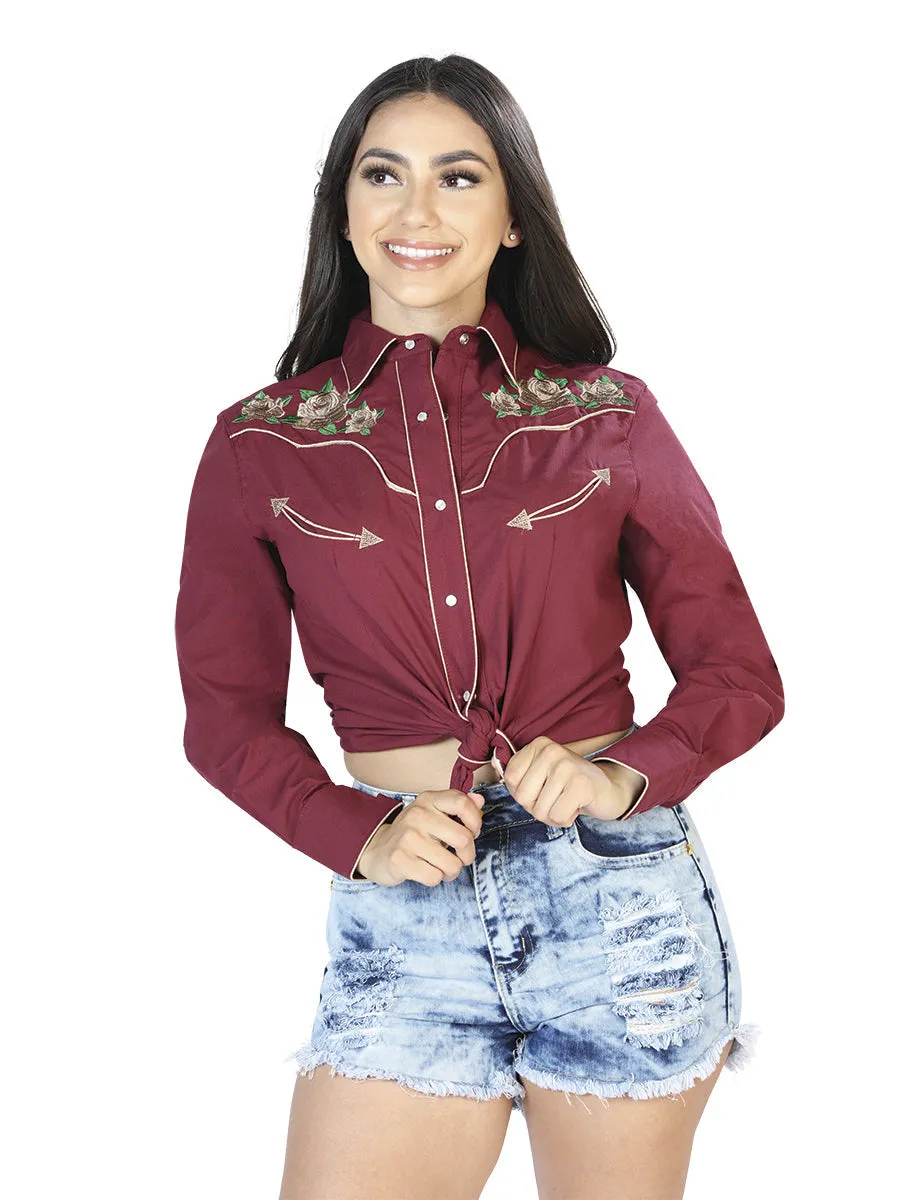 Camisa Vaquera Manga Larga Bordada Floral Vino para Mujer 'El General' - ID: 42965