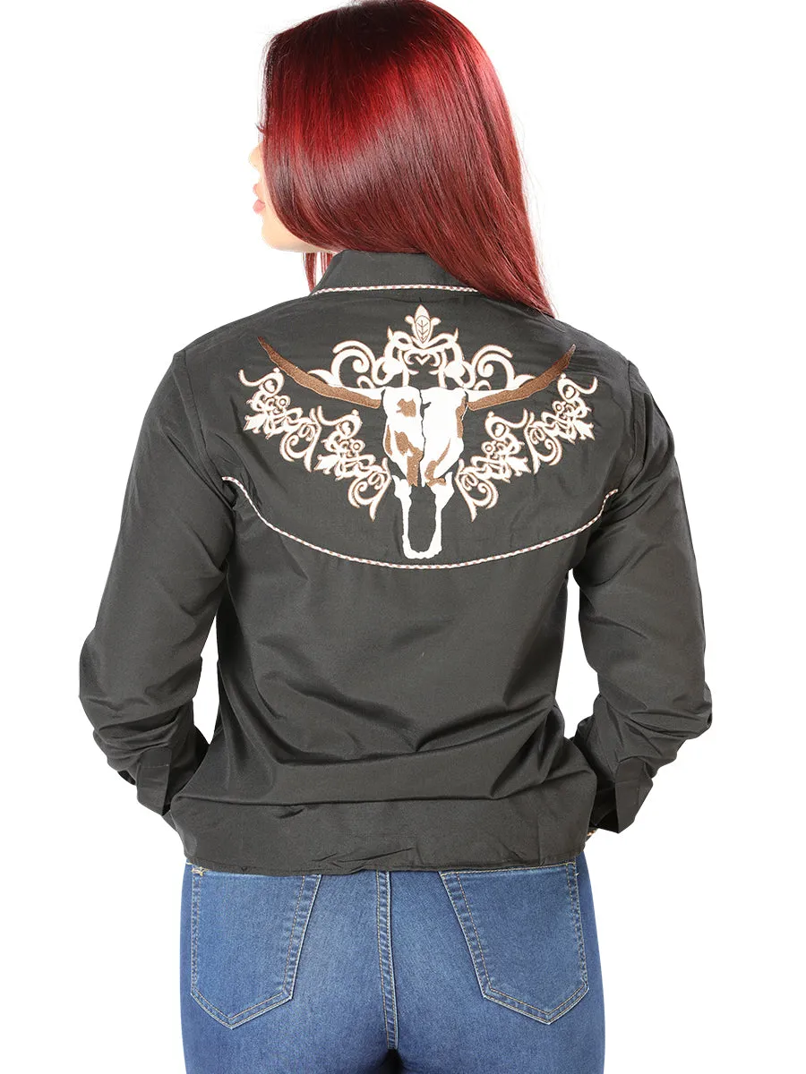 Camisa Vaquera Manga Larga Bordada Negro para Mujer 'El Señor de los Cielos' - ID: 126673