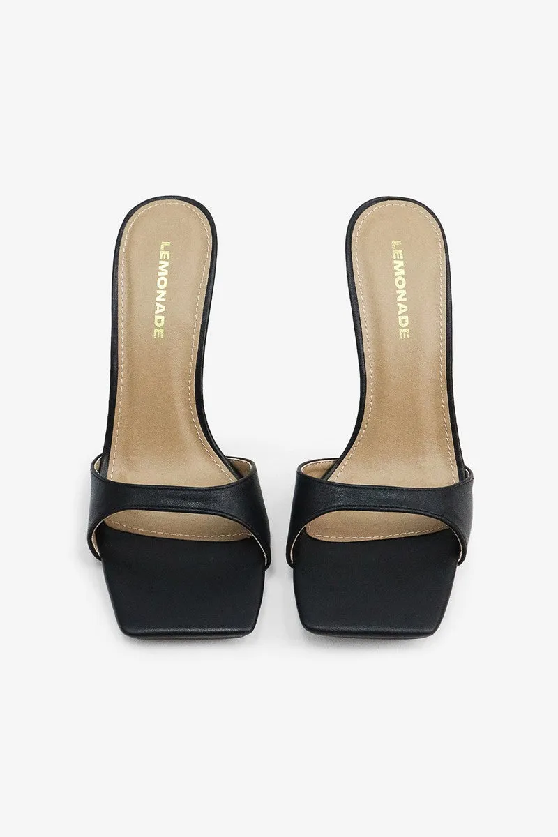 CAROLINE Black Faux Leather Slip On Mule - Open Toe - Square Toe