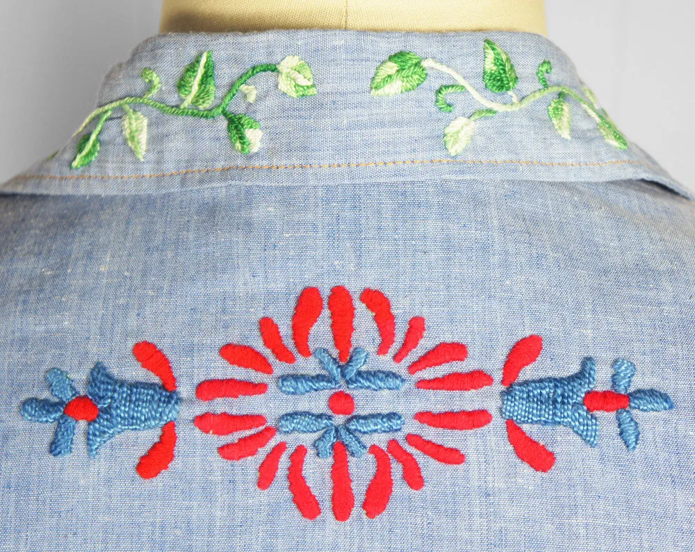 Chambray Western Pearl Snap Shirt w/ Embroidery - Size L