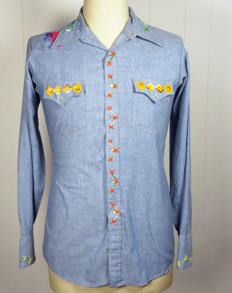 Chambray Western Pearl Snap Shirt w/ Embroidery - Size L