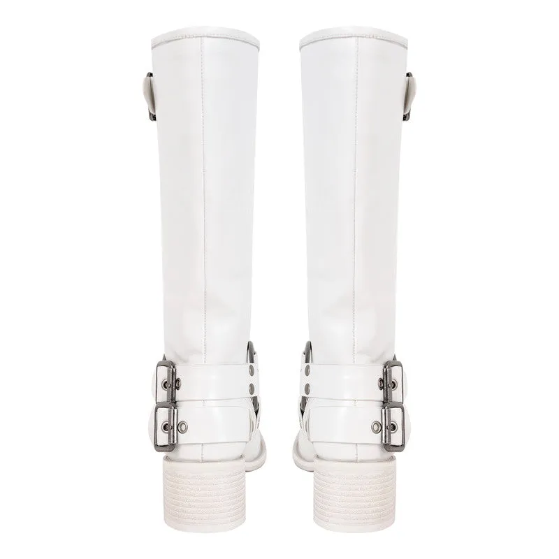 Chunky Heel Buckle Square Toe Boots