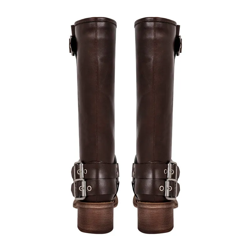 Chunky Heel Buckle Square Toe Boots