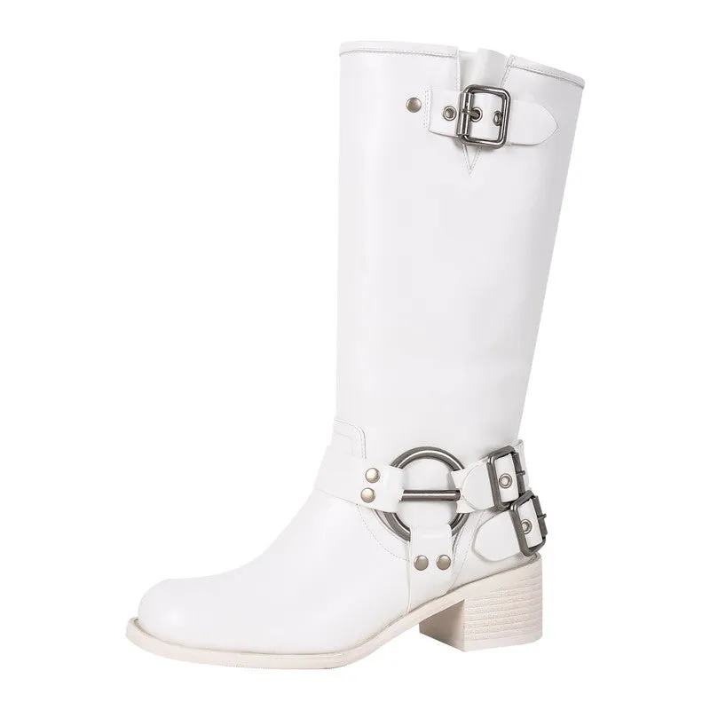 Chunky Heel Buckle Square Toe Boots