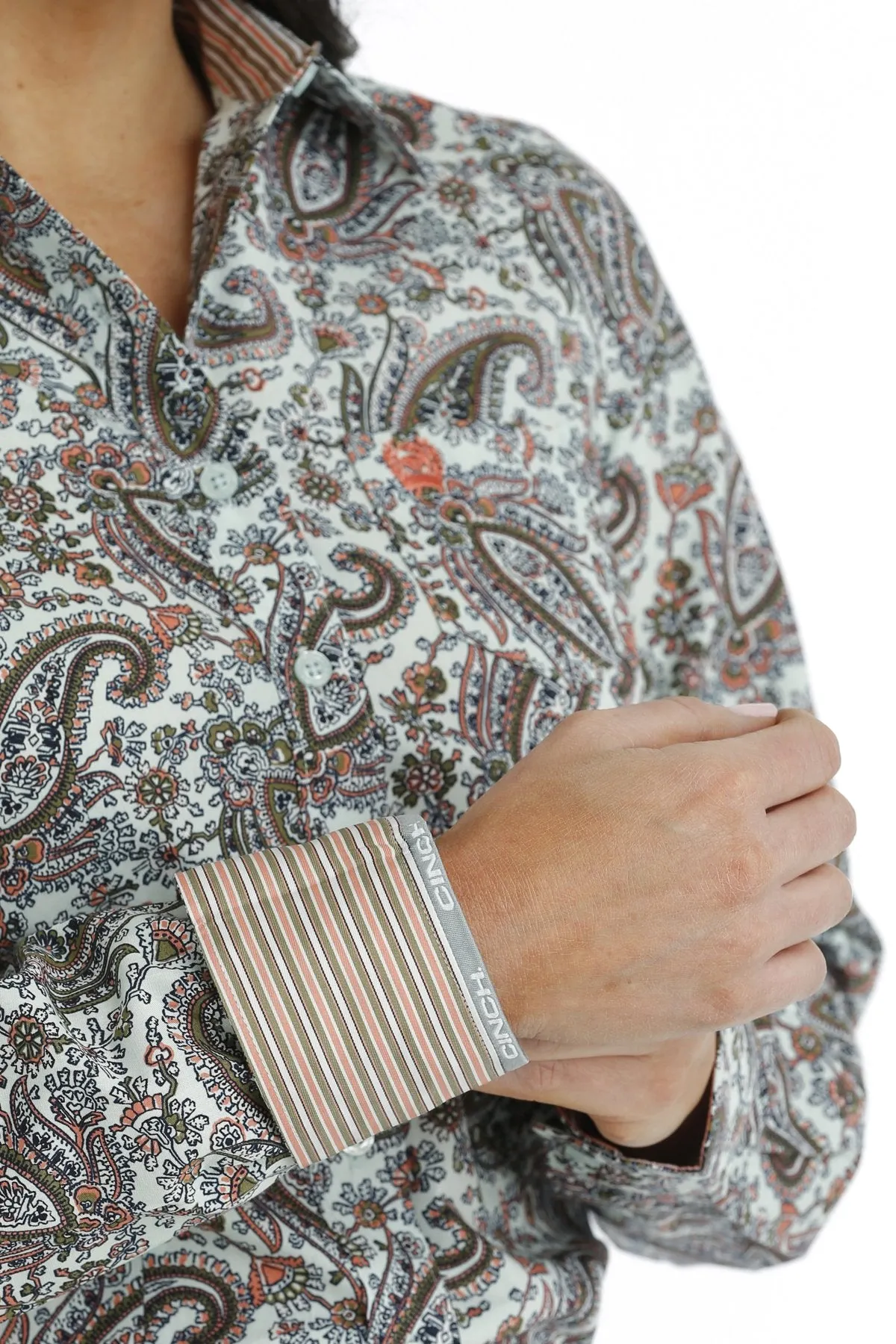 Cinch Ladies Button Down Western L/S Shirt - Light Blue Paisley
