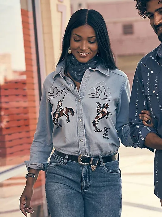CL112344683 Wrangler Ladies  L/S Denim Snap Horse Embroider