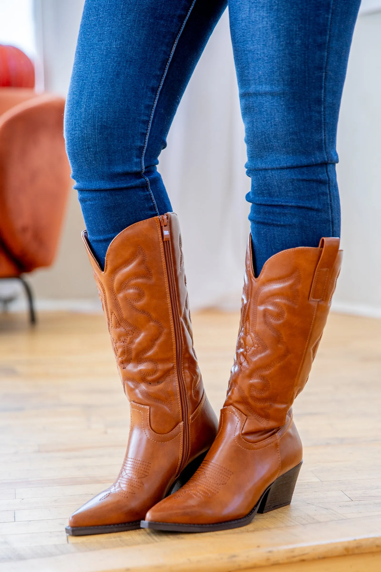 Cognac Point Toe Western Boots