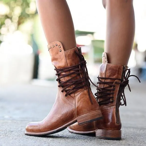Cool Vintage Back Zipper Lace-Up Mid-calf Boots