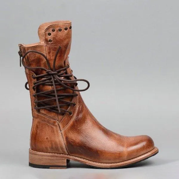 Cool Vintage Back Zipper Lace-Up Mid-calf Boots