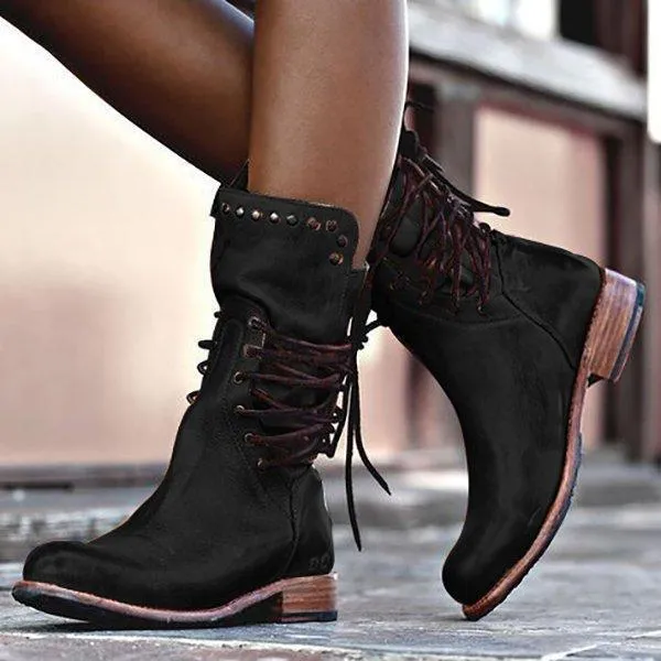 Cool Vintage Back Zipper Lace-Up Mid-calf Boots