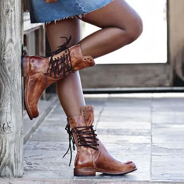 Cool Vintage Back Zipper Lace-Up Mid-calf Boots