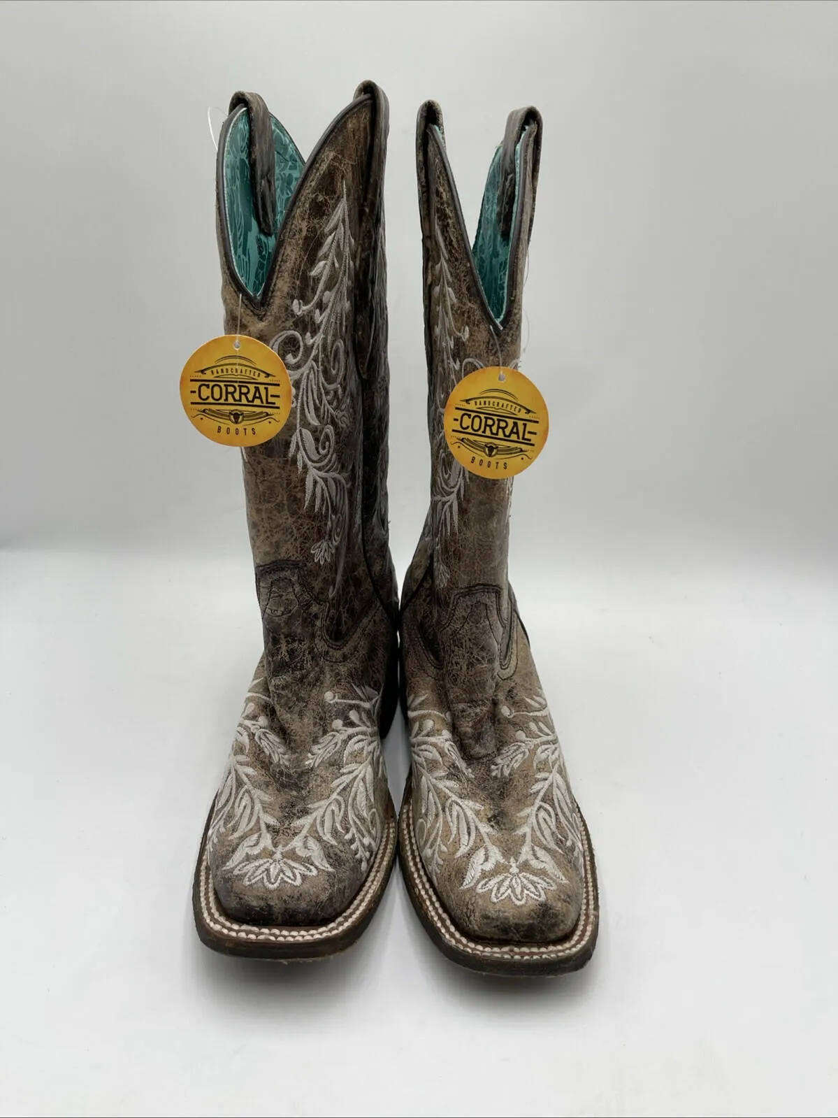 Corral Distressed Filigree Embroidery Leather Square Toe Western Boots Size 8M - Very Good