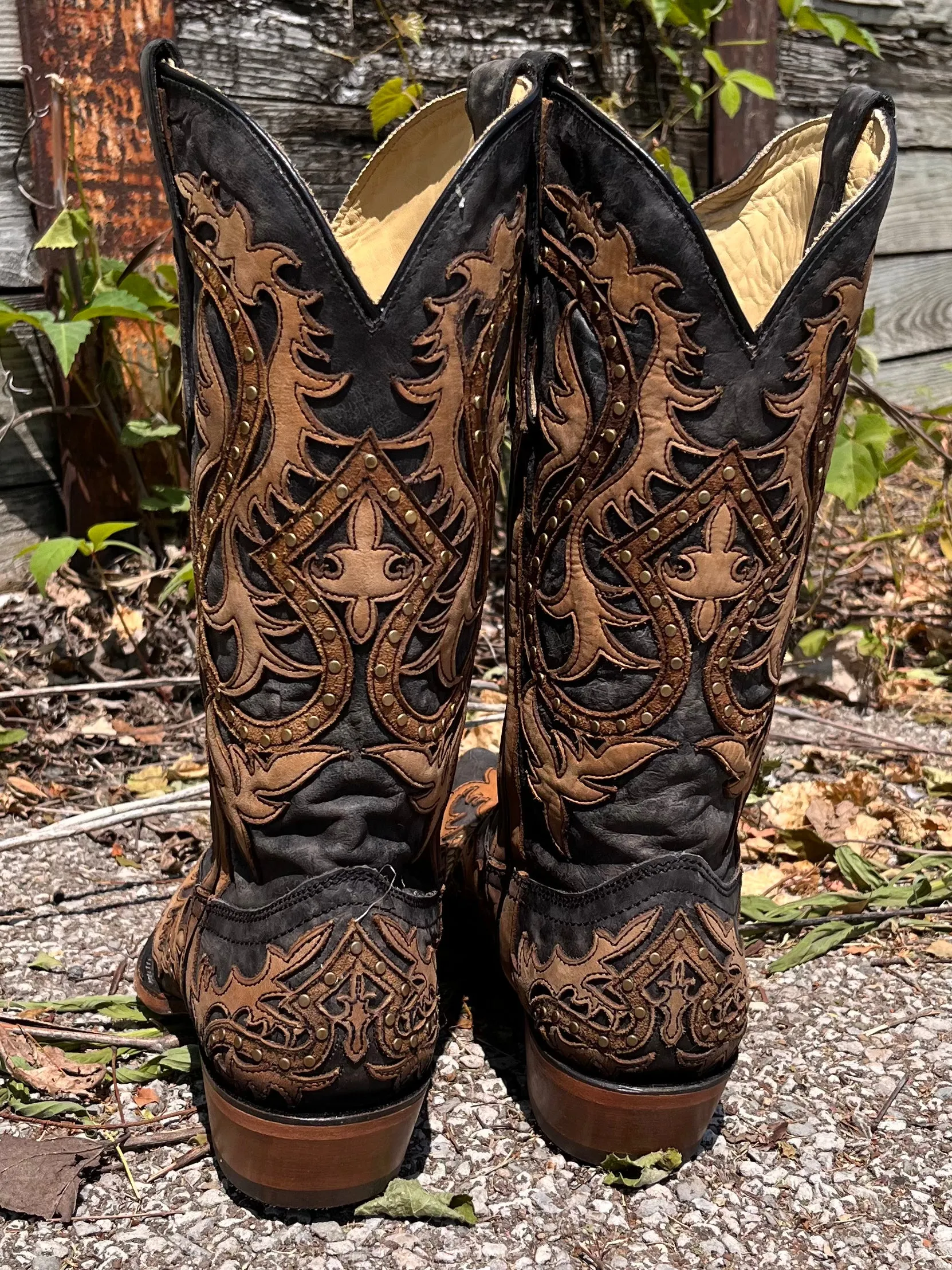 Corral Men's Black & Honey Brown Leather Overlay Snip Toe Cowboy Boots C3989