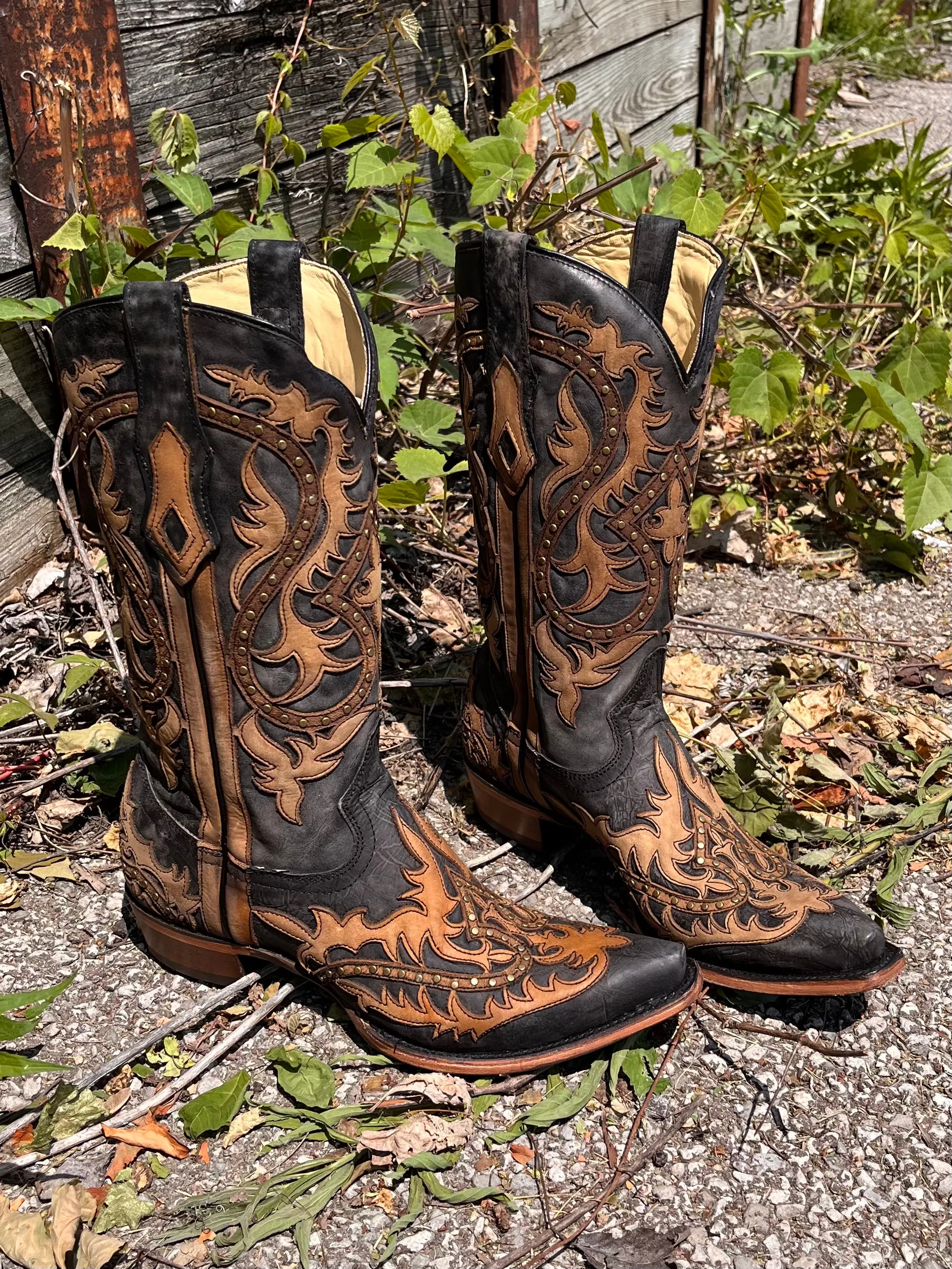 Corral Men's Black & Honey Brown Leather Overlay Snip Toe Cowboy Boots C3989