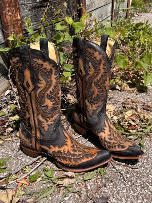 Corral Men's Black & Honey Brown Leather Overlay Snip Toe Cowboy Boots C3989