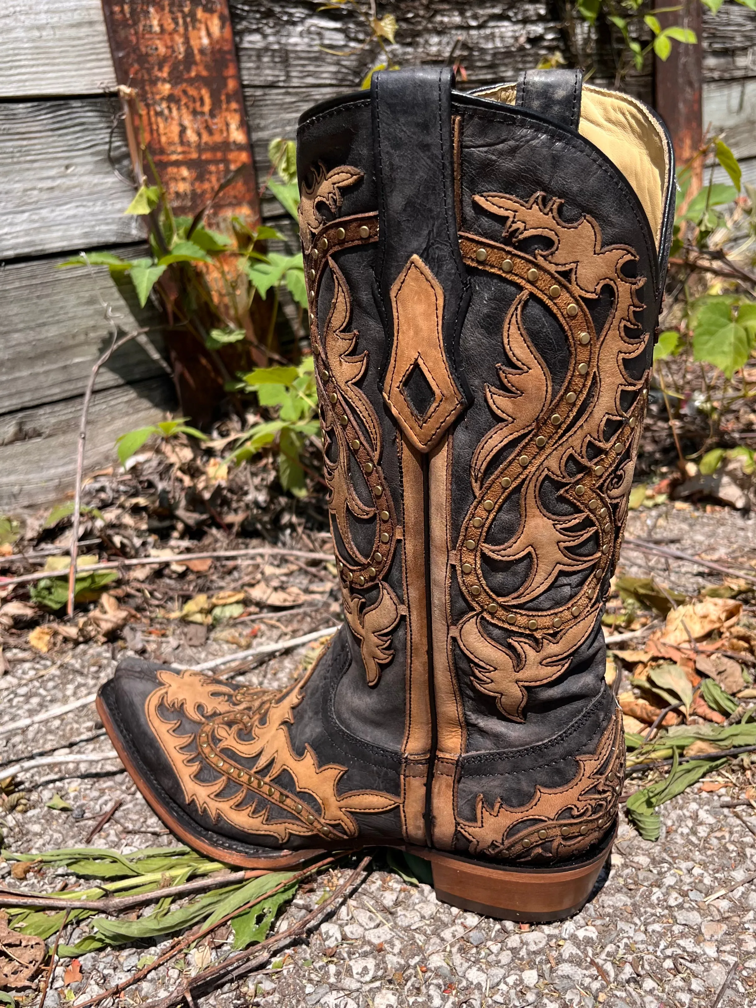 Corral Men's Black & Honey Brown Leather Overlay Snip Toe Cowboy Boots C3989