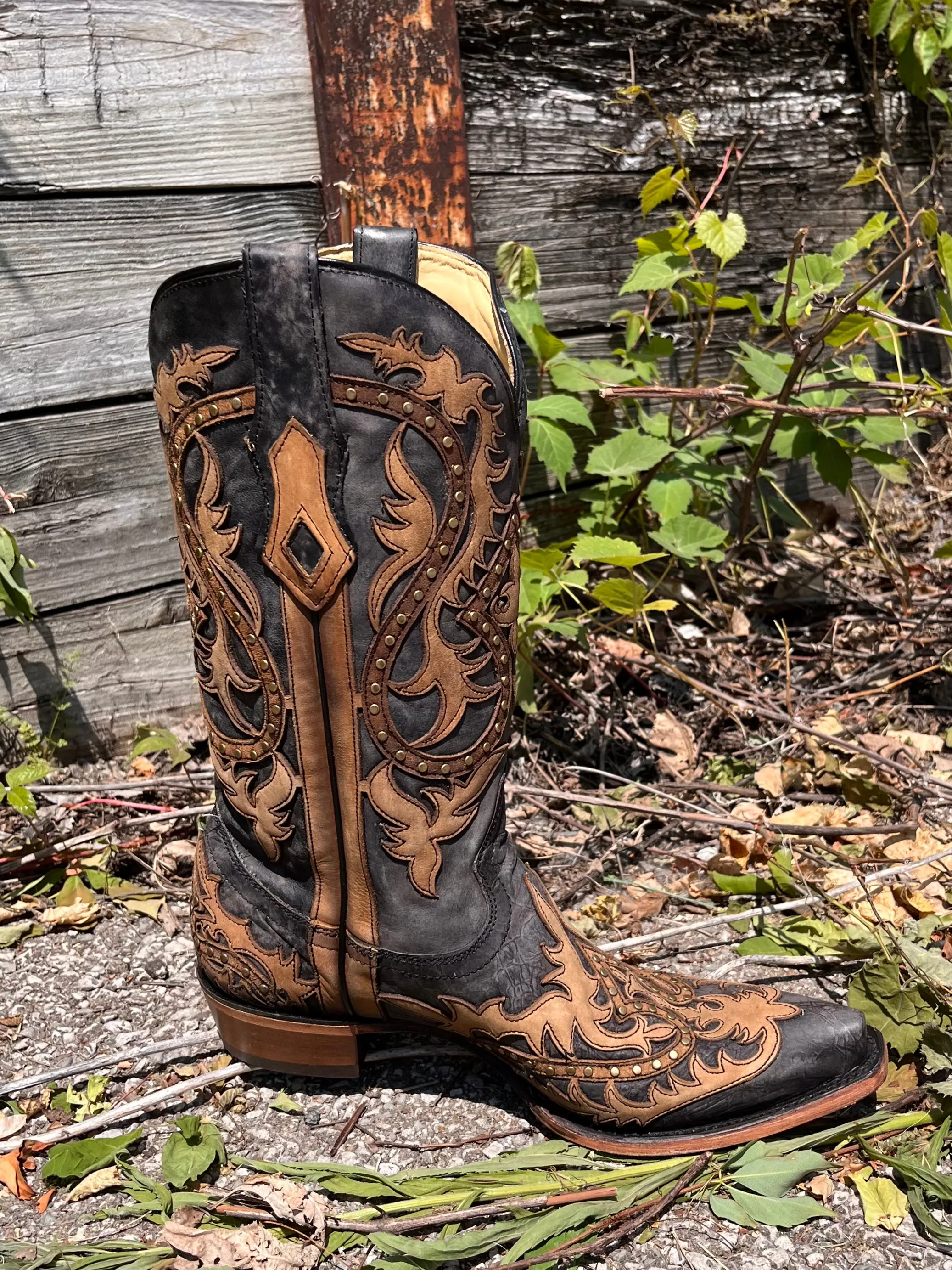 Corral Men's Black & Honey Brown Leather Overlay Snip Toe Cowboy Boots C3989