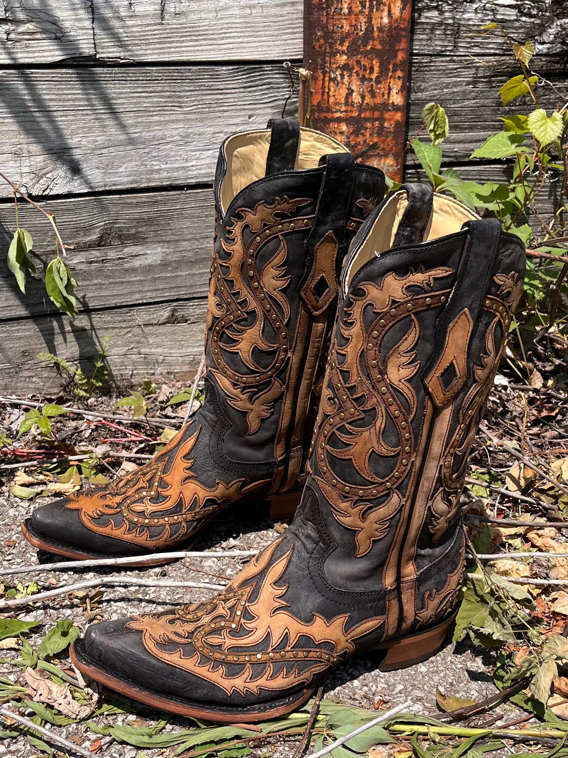 Corral Men's Black & Honey Brown Leather Overlay Snip Toe Cowboy Boots C3989