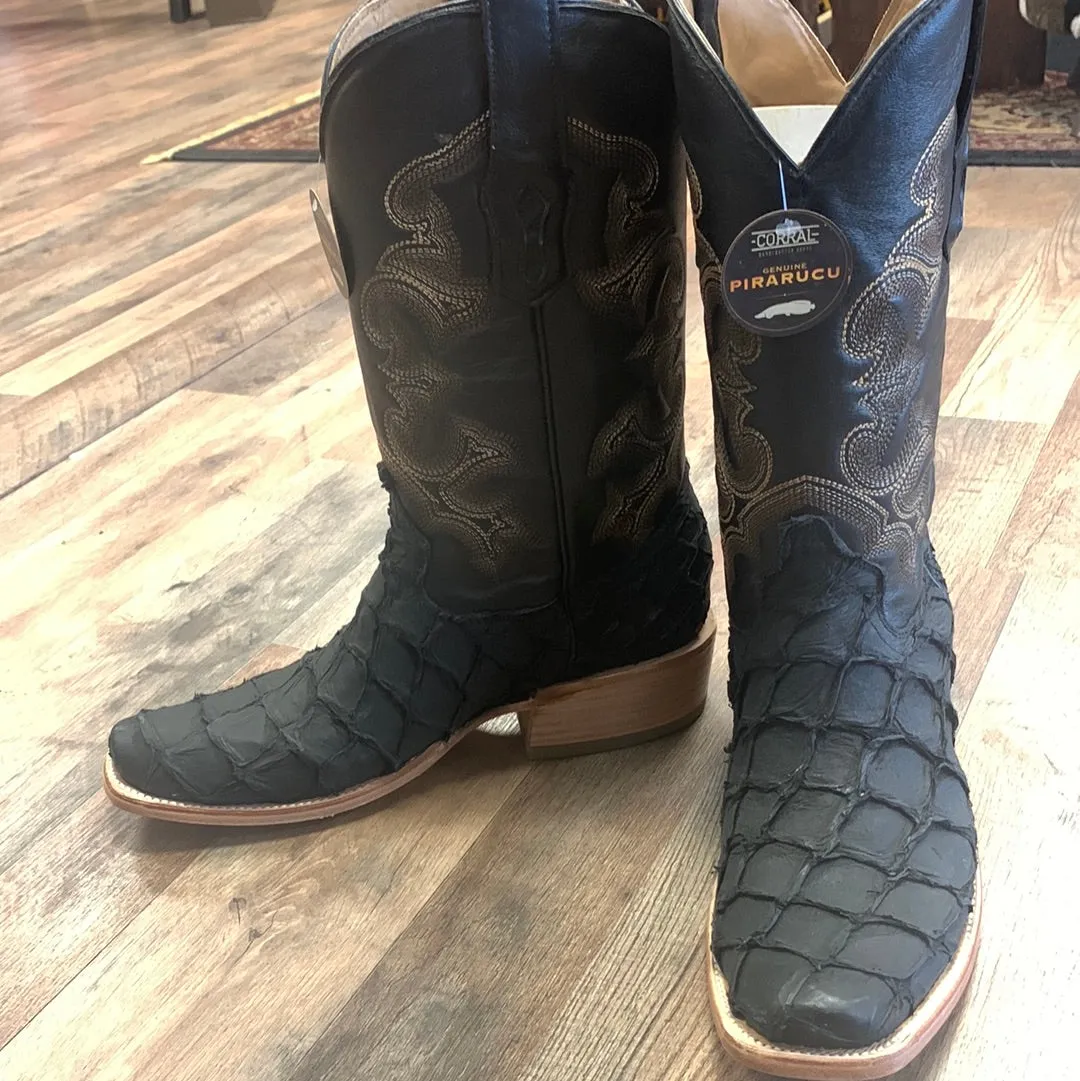 Corral Men's Black Pirarucu Embroidery Horseman Toe Western Cowboy Boots