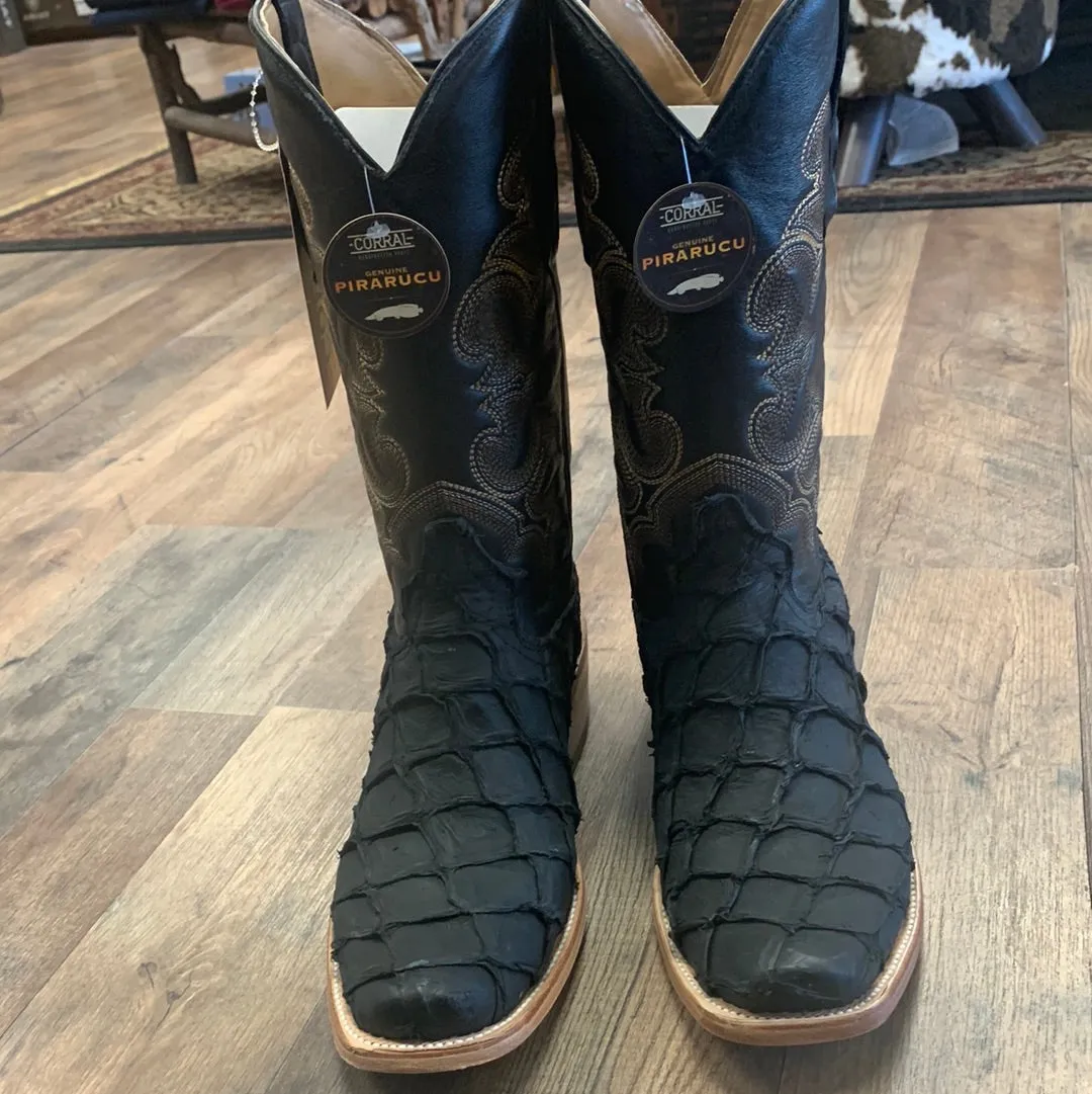 Corral Men's Black Pirarucu Embroidery Horseman Toe Western Cowboy Boots