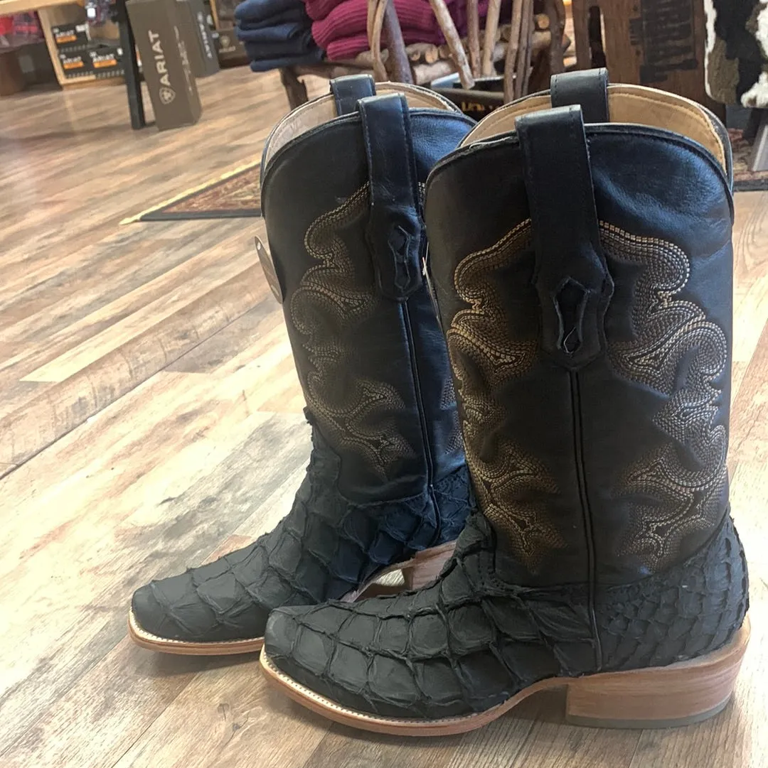 Corral Men's Black Pirarucu Embroidery Horseman Toe Western Cowboy Boots