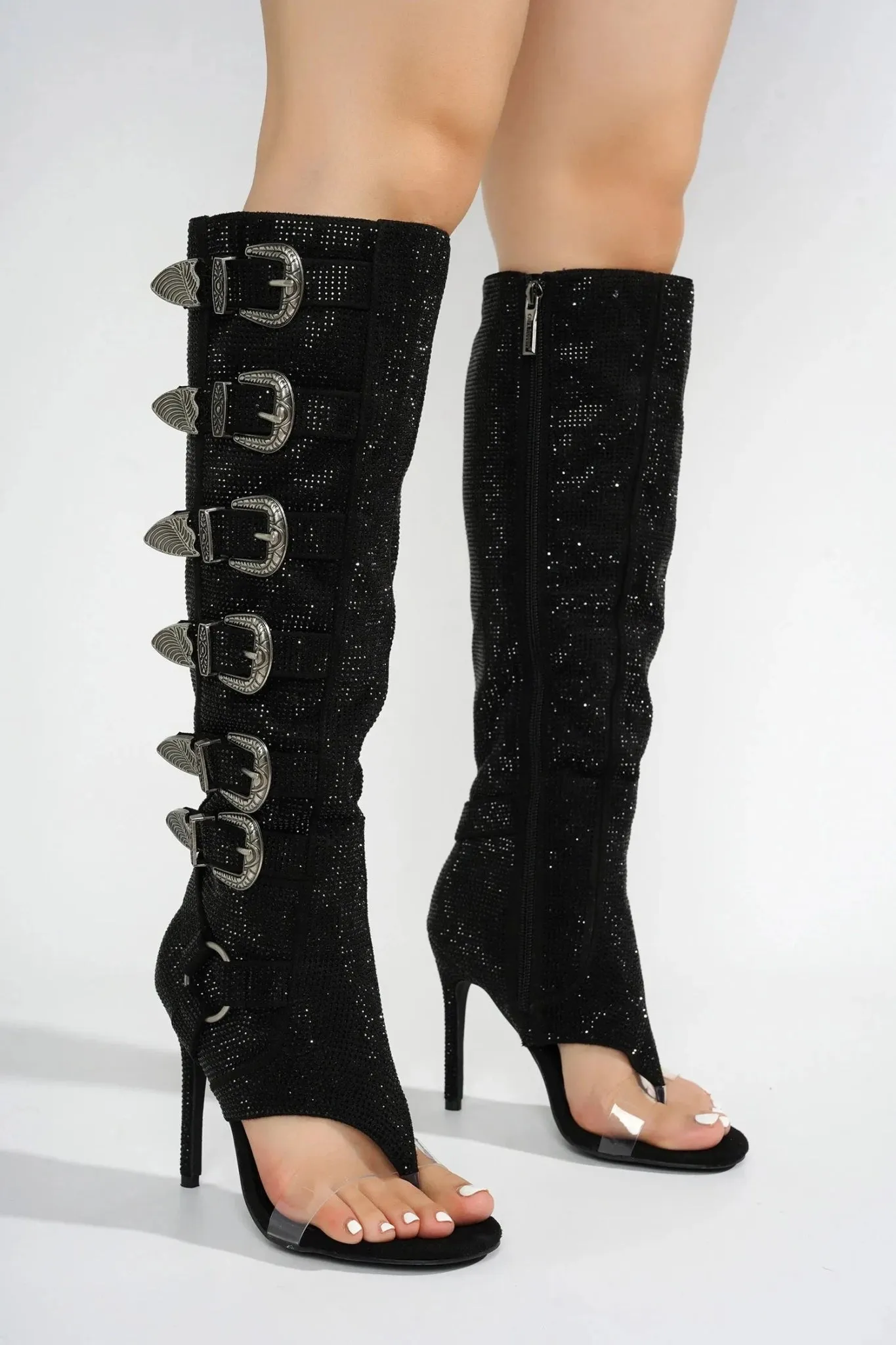 Crystal-Embellished Knee-High Open-Toe Boots with Buckle Straps