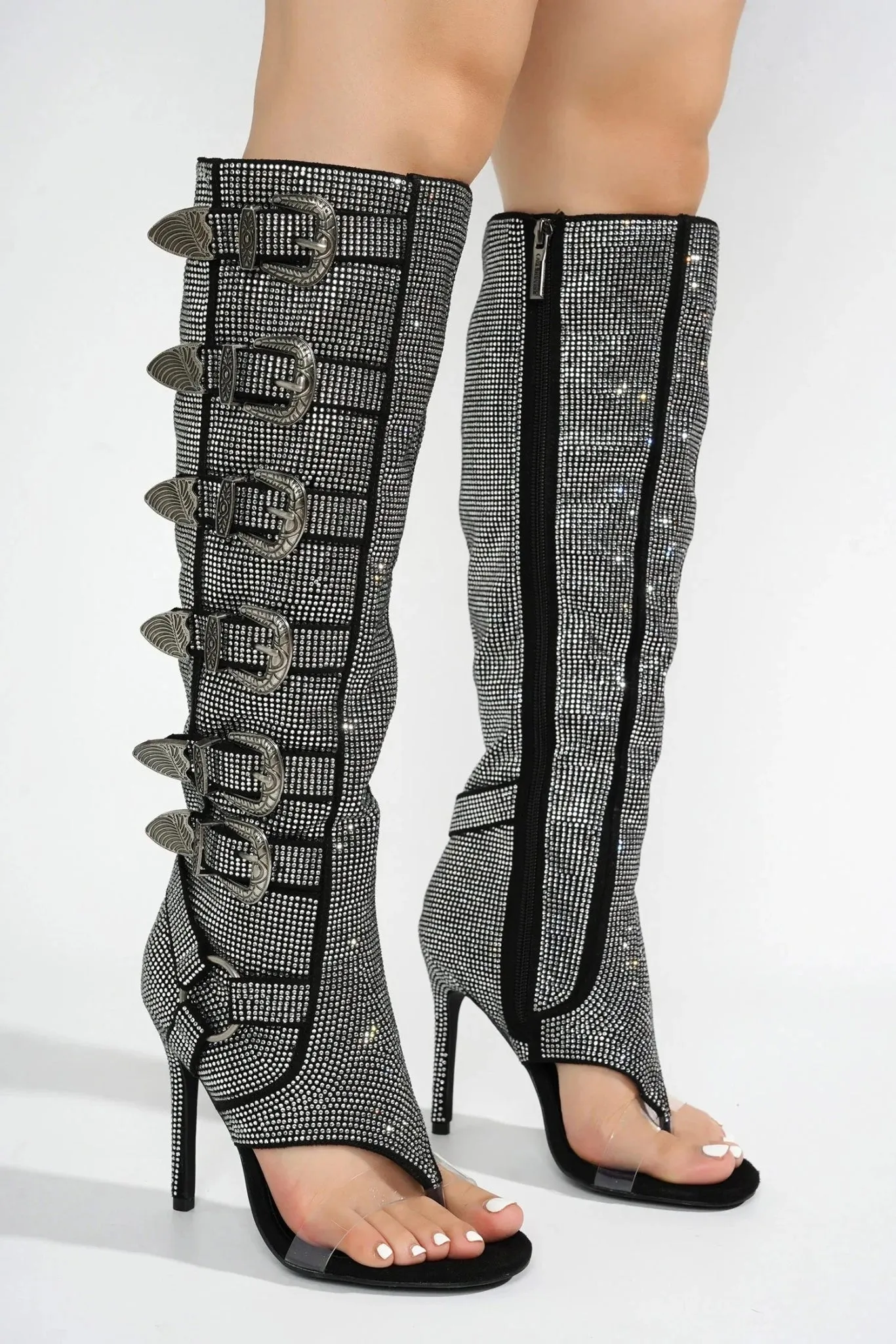 Crystal-Embellished Knee-High Open-Toe Boots with Buckle Straps