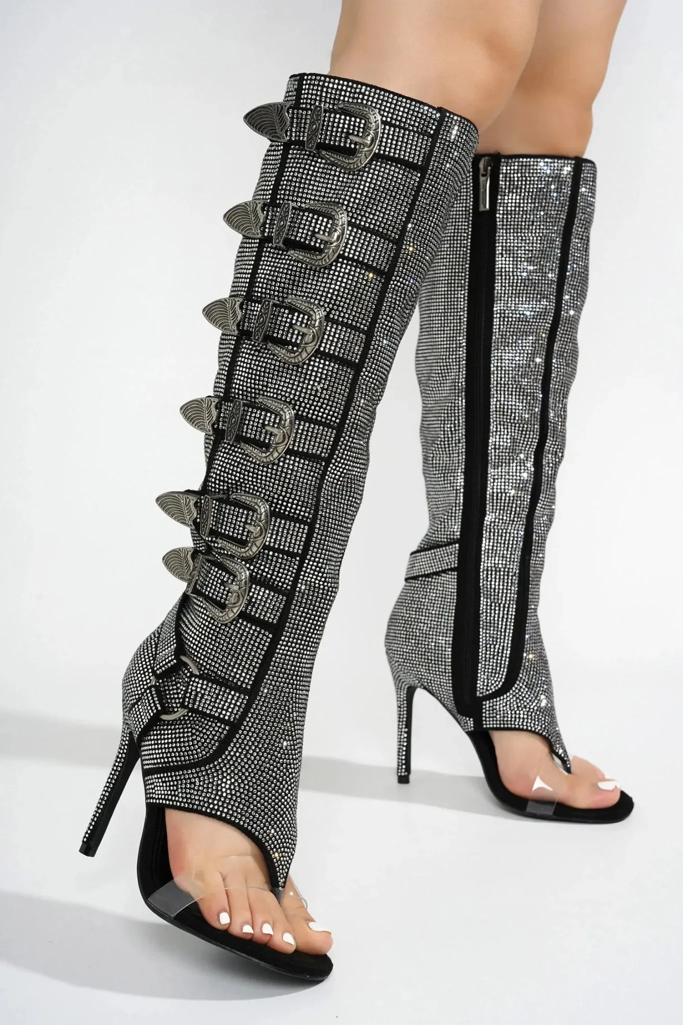 Crystal-Embellished Knee-High Open-Toe Boots with Buckle Straps