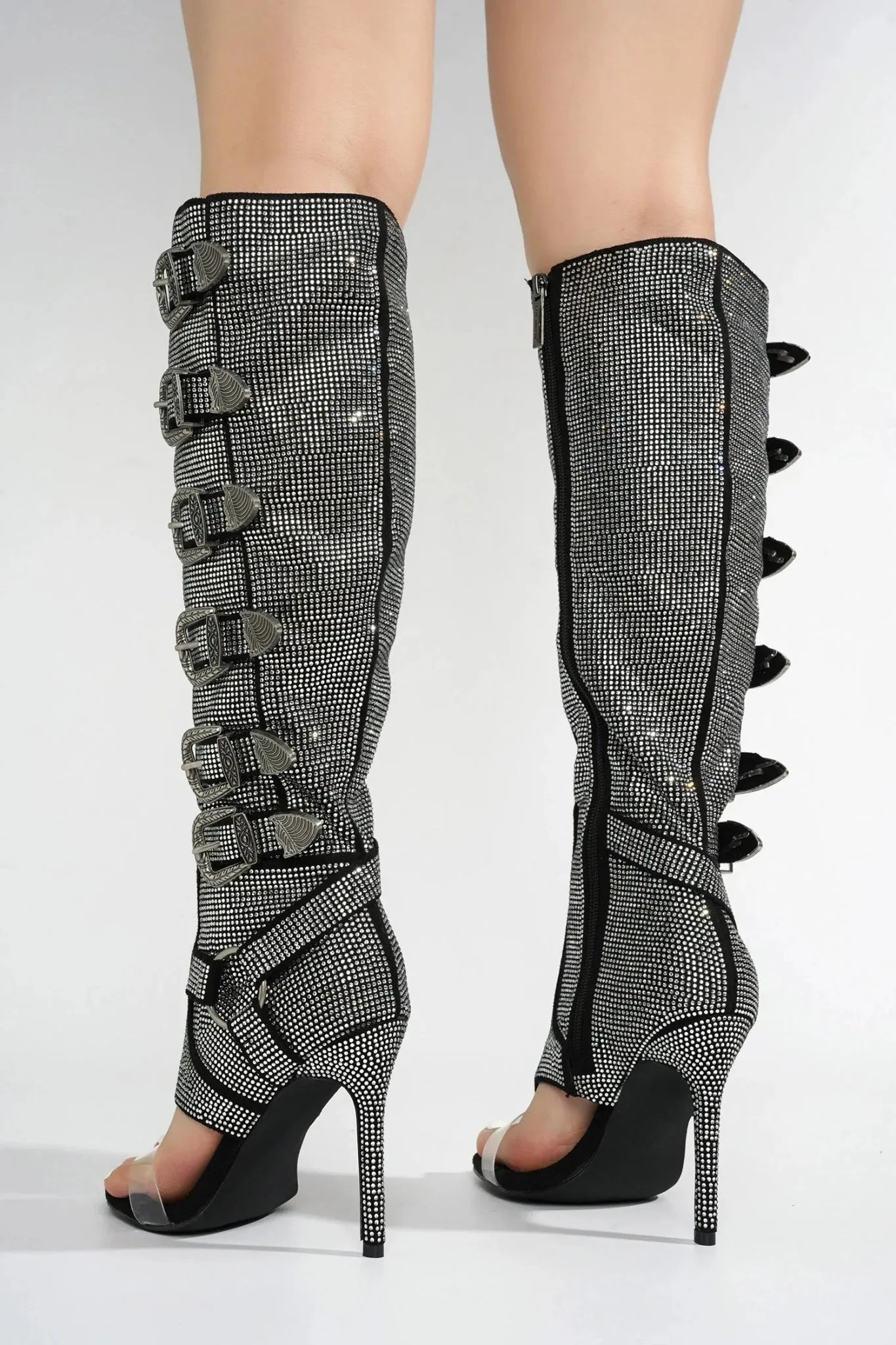 Crystal-Embellished Knee-High Open-Toe Boots with Buckle Straps